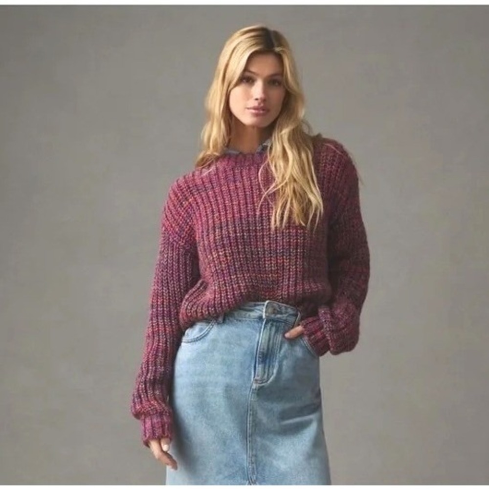 Anthropologie Space Dye Chunky Knit Sweater Purple Orange Multi Crewneck XL